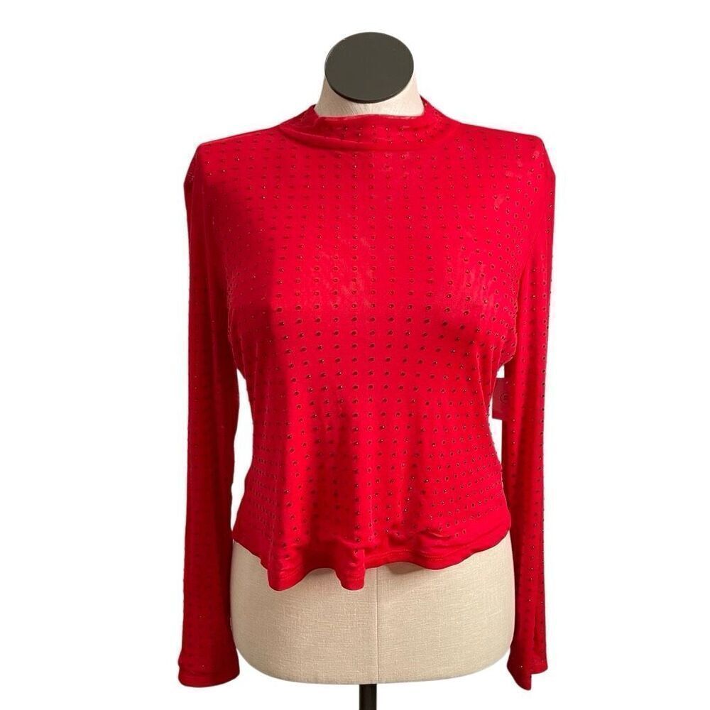 No Boundaries Womens Mesh Mockneck Long Sleeve XXL Red Rhinestone Clubwear Party